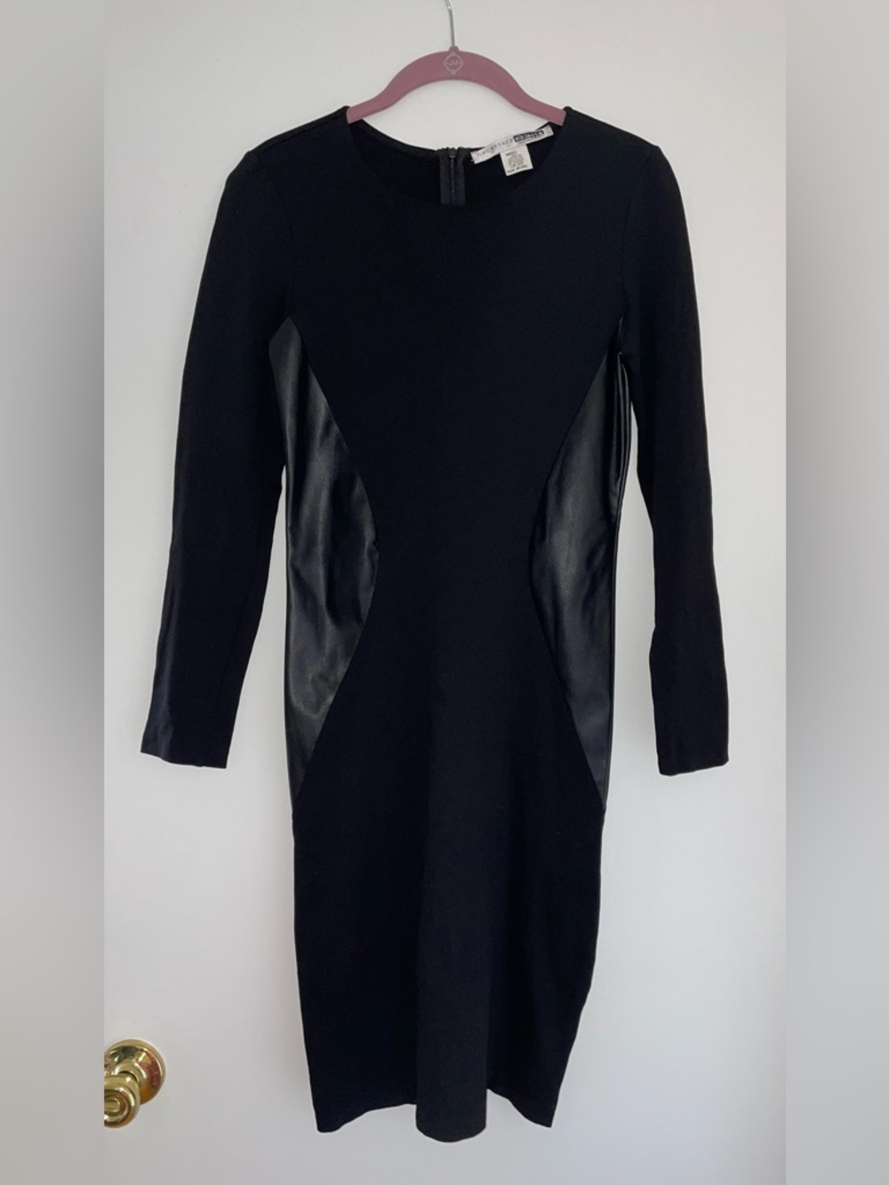 Necessary Objects Black Bodycon Dress w/ Faux Leather Panels – Long Sleeve – S